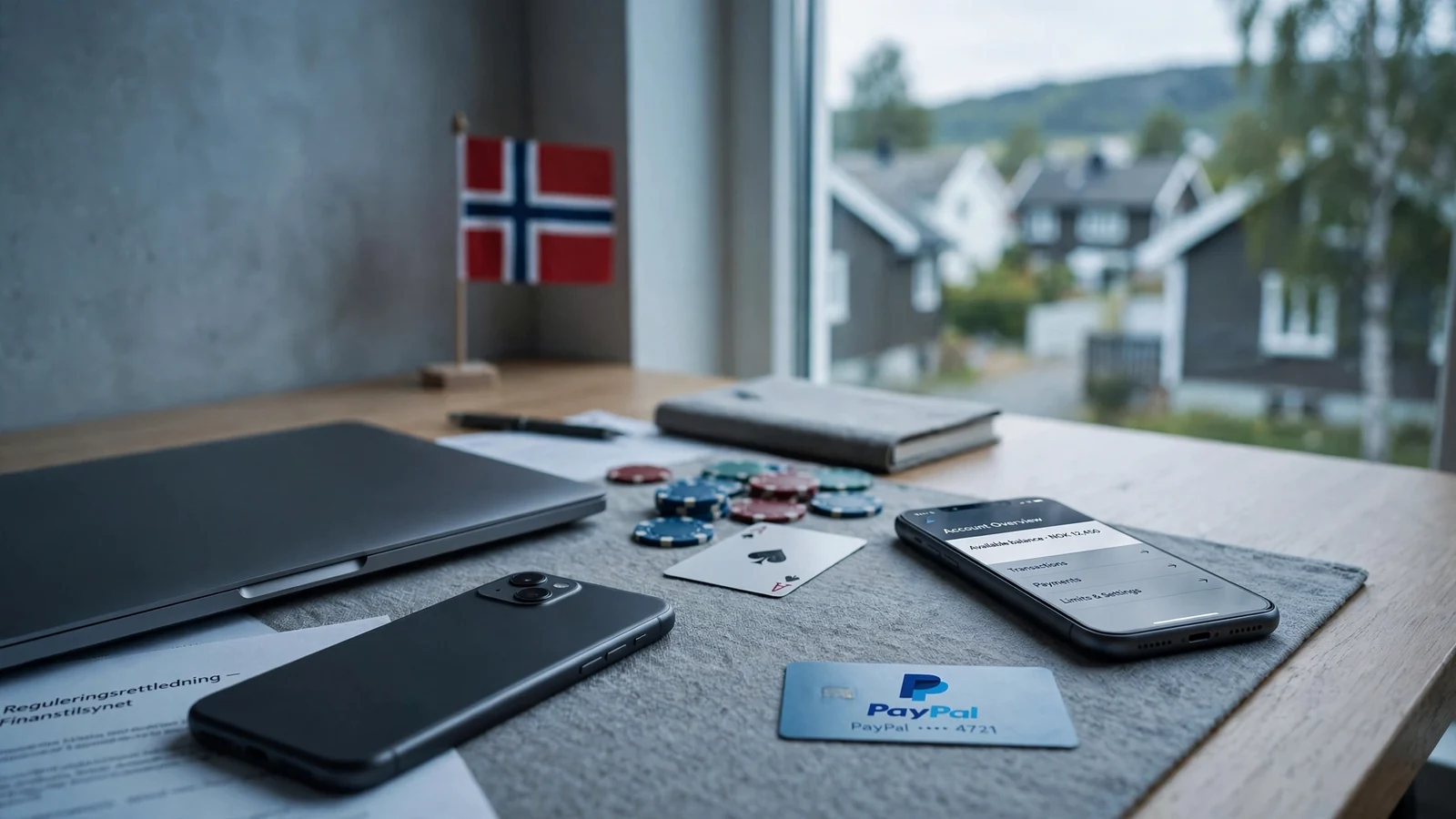 Norsk skrivebord med lukket bærbar PC, casinobrikker og PayPal-kort ved et vindu