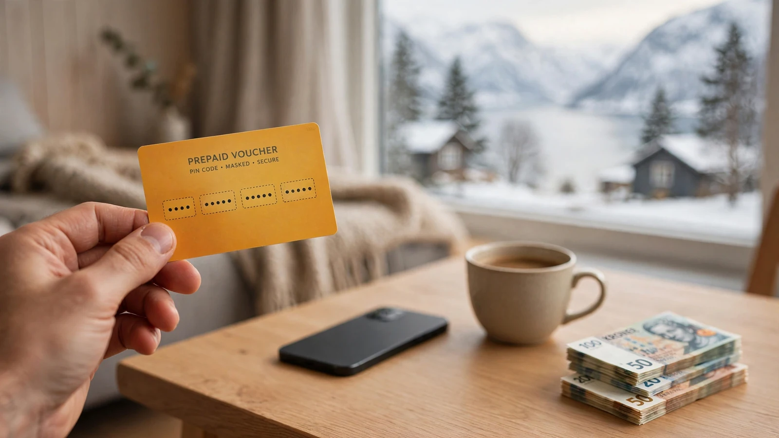 Paysafecard-forhåndsbetalt kupong i en hånd, norsk koselig stue