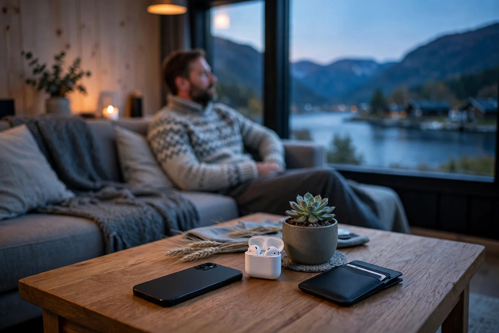 Moderne norsk stue med smarttelefon og e-lommebok ved skumring