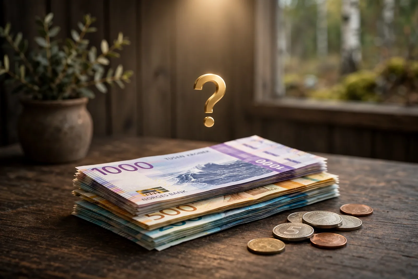 Norske kroner sedler og mynter på et mørkt trebord med spørsmålstegn