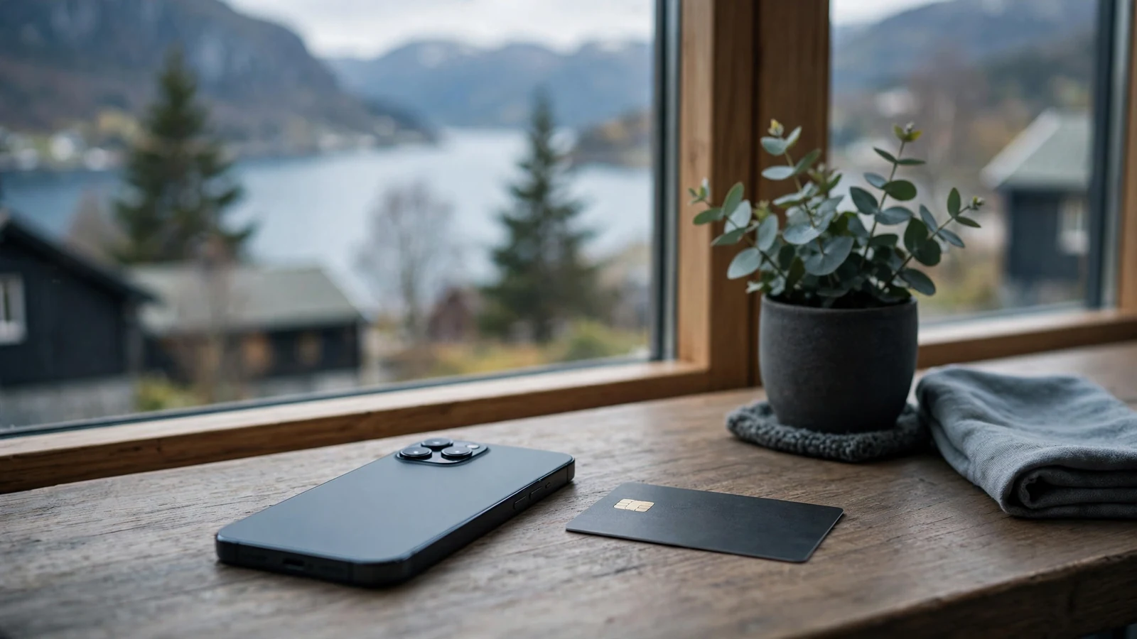 Smarttelefon og betalingskort på et kafébord i Norge, myk fjord i bakgrunnen