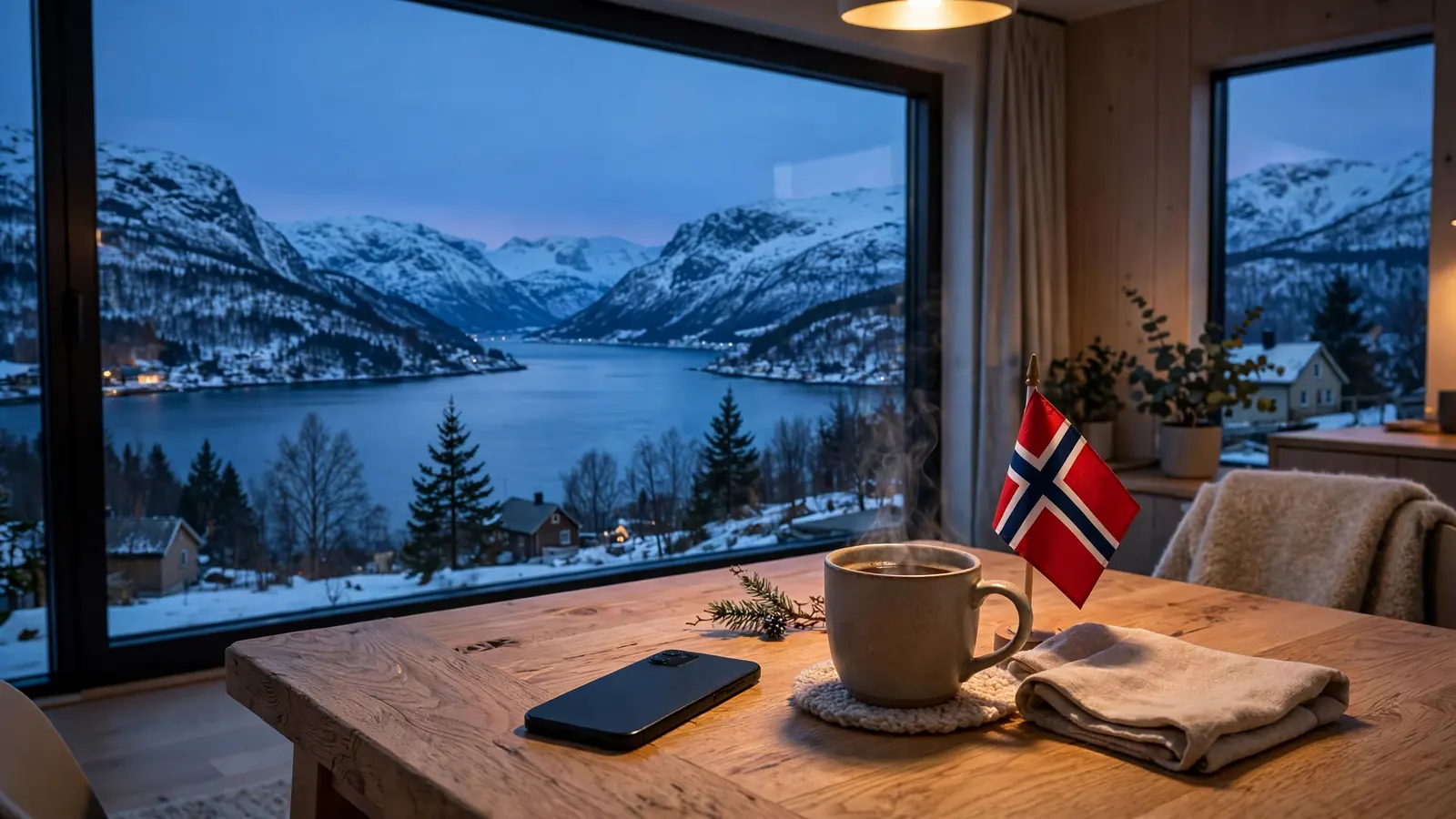 Norsk hjemmeinteriør med telefon og kopp ved fjordvindu