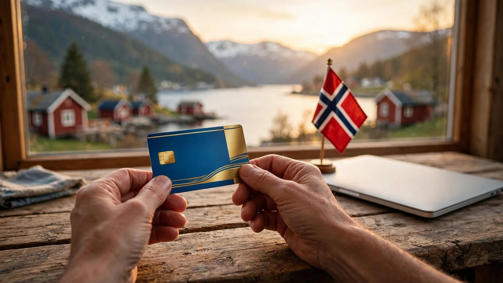 Hender med kredittkort ved lukket laptop med norsk fjordutsikt
