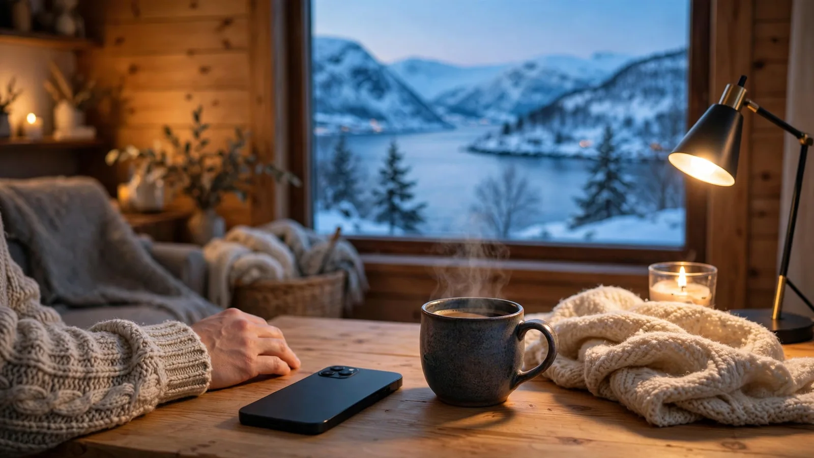 iPhone på et norsk stuebord med utsikt over en snødekt fjord