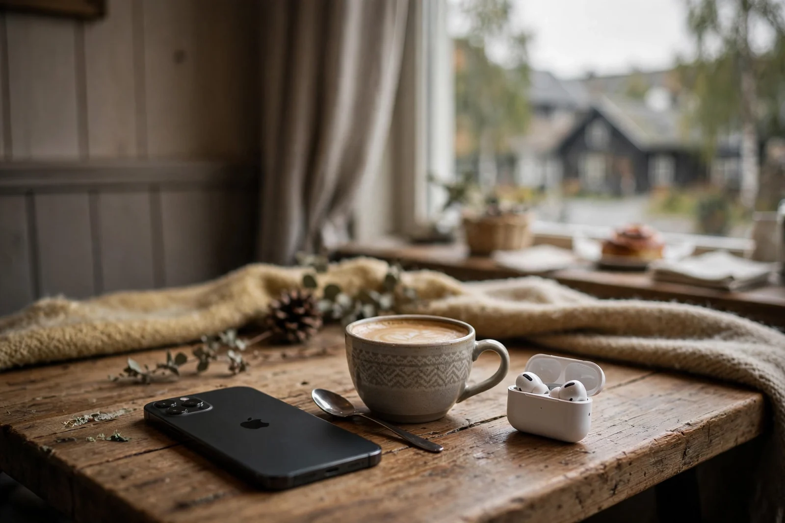 iPhone vendt ned på et kafébord i Norge med kopp kaffe