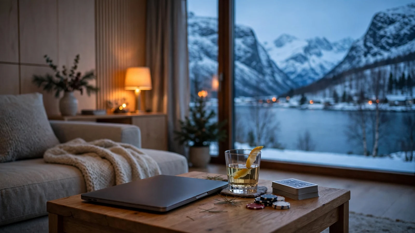 Norsk stue, lukket laptop og casinobrikker ved siden av