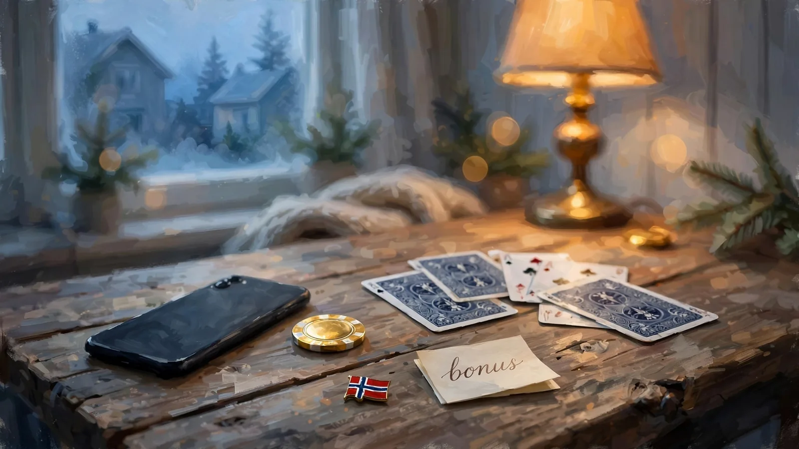 Casino-chip, kort og telefon på et norsk bord – uten innskuddsbonus
