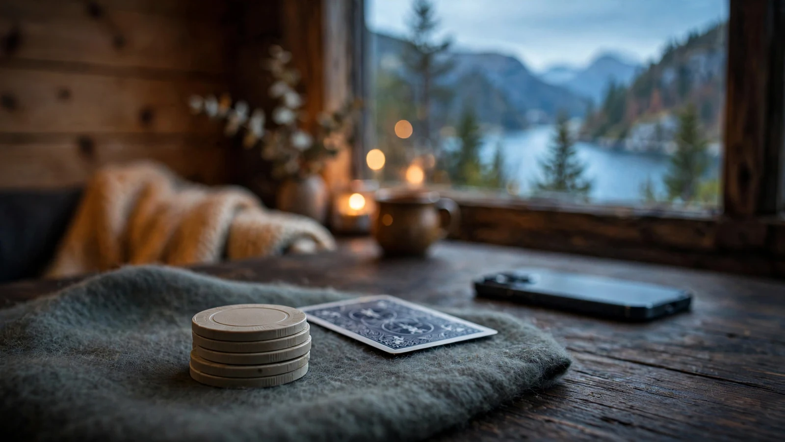 Casinochips og et kort på et trebord i et norsk hjem