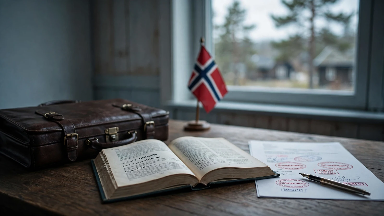 Norsk lovbok og dokumenter om pengespill på skrivebord