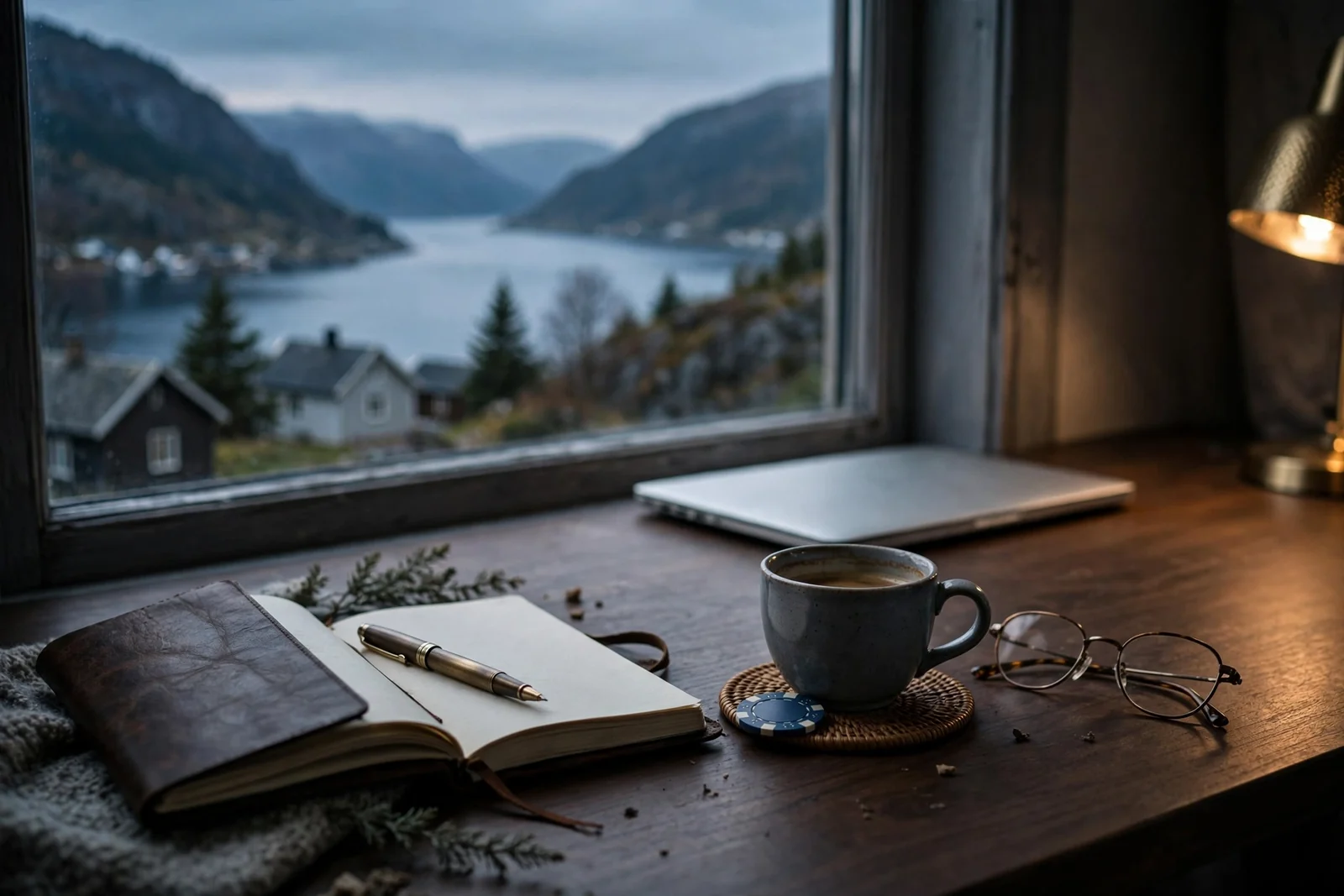 Skrivebord med notatbok, kaffekopp og casinobrikke ved en norsk fjord i skumringen