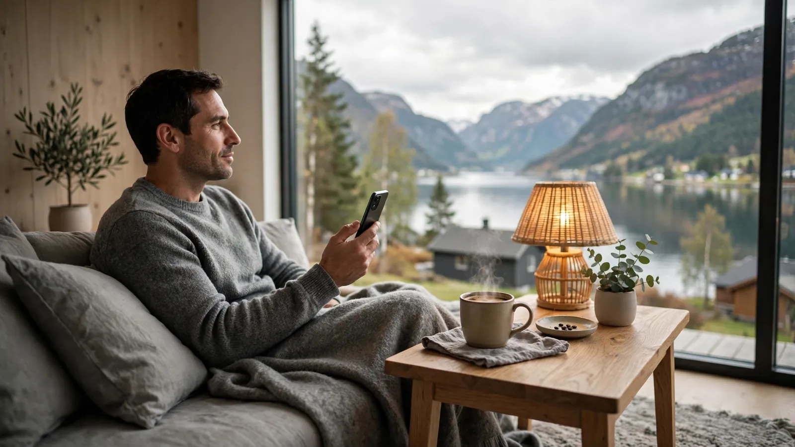 Person som slapper av med mobilen i en moderne norsk stue