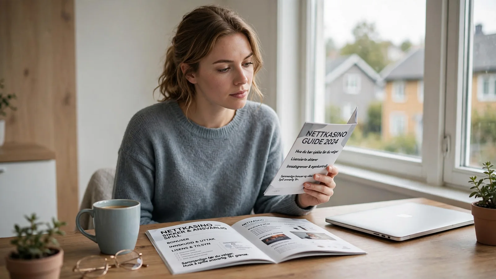 Nordisk person som vurderer informasjon om nye nettkasinoer ved et skrivebord