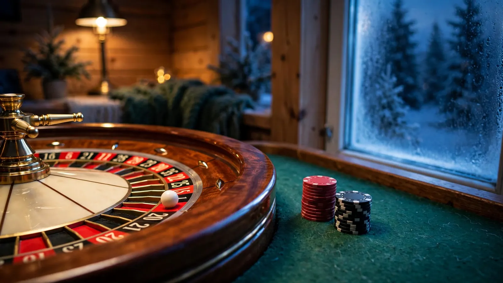 Europeisk roulettehjul på casinobord med sjetonger