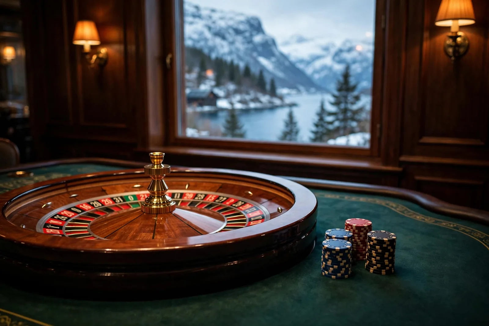 Roulettehjul og jetonger på et casino-bord med norsk fjord i bakgrunnen