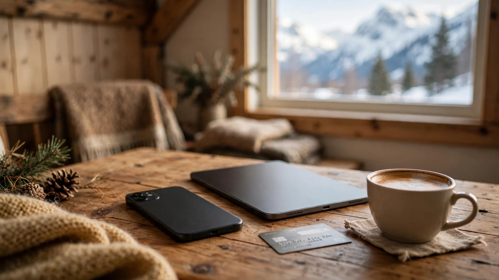 Smarttelefon og nettbrett på et trebord i en norsk hytte med kaffekopp