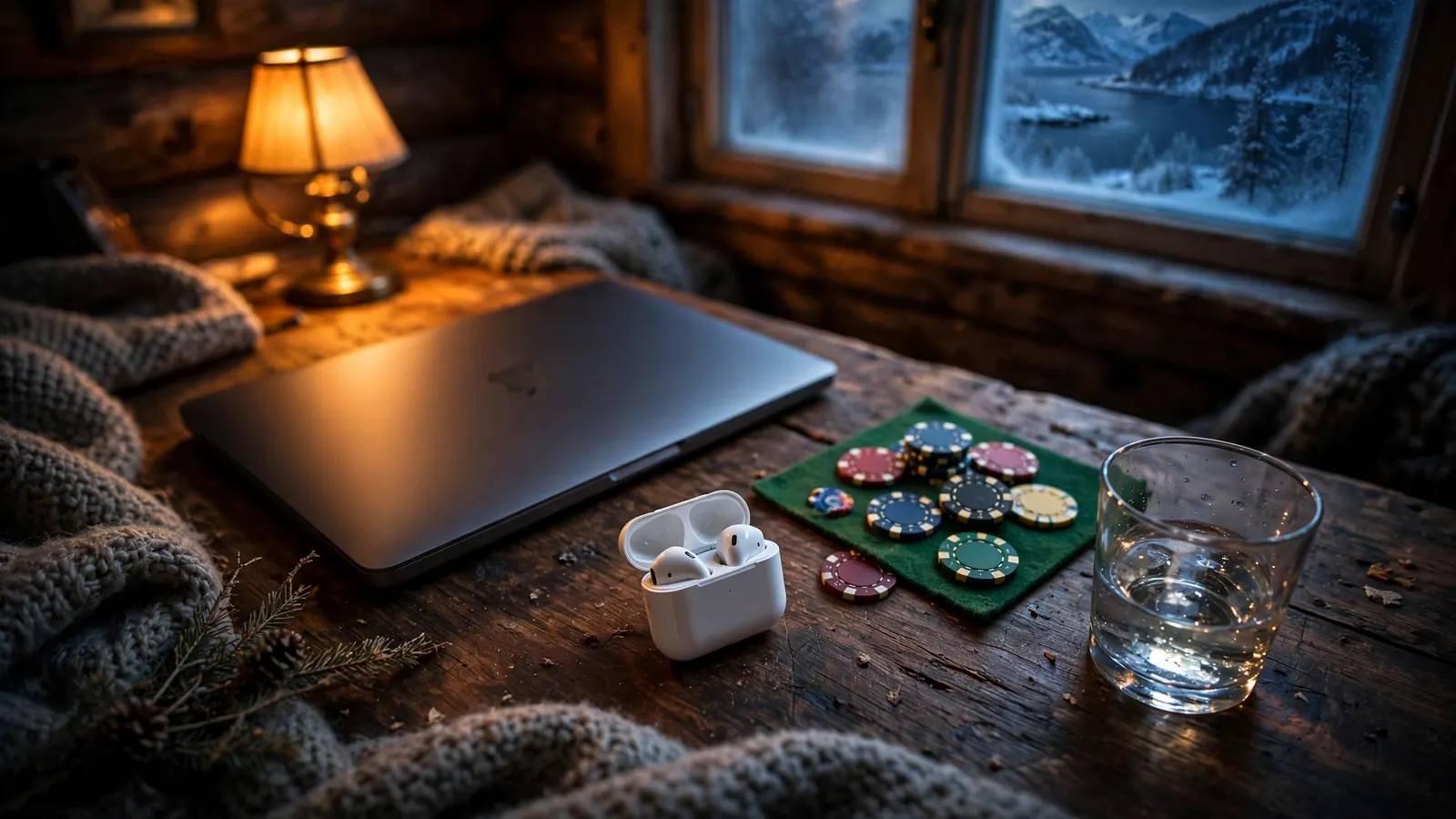Stilleben med laptop, jetonger og akevitt på mørkt bord i norsk hytte