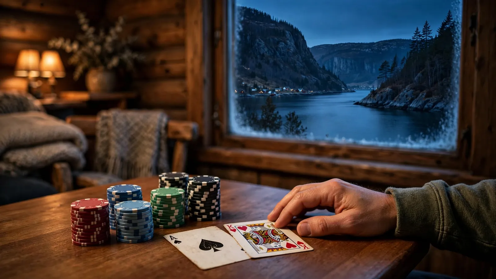 Blackjack-bord med kort og jetonger i norsk hytte