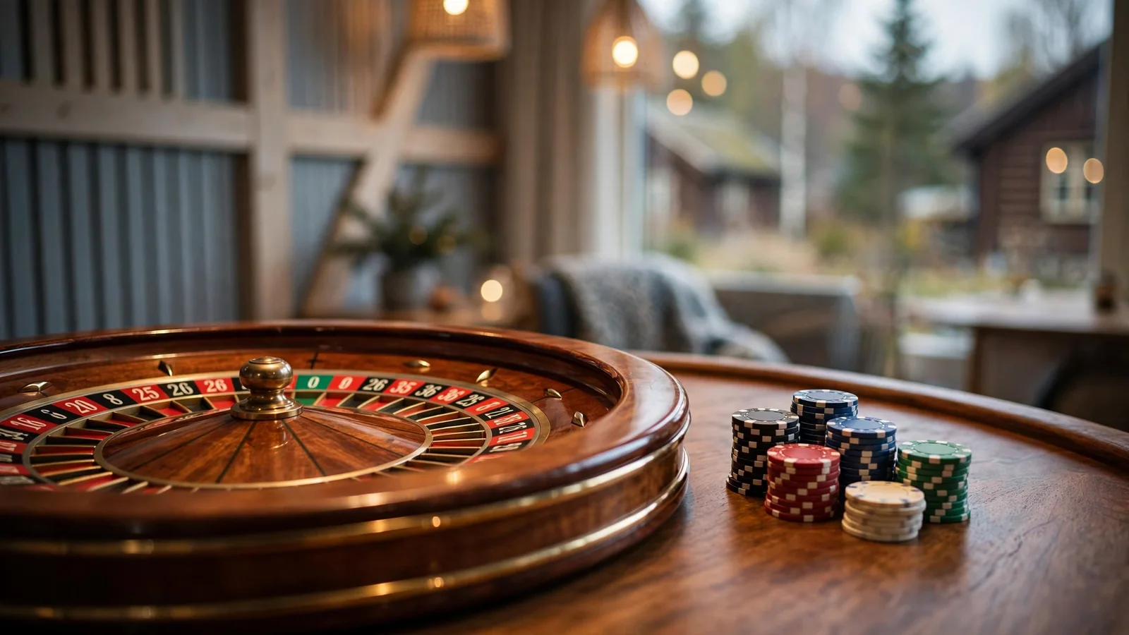 Roulettehjul og jetonger på et elegant casino-bord