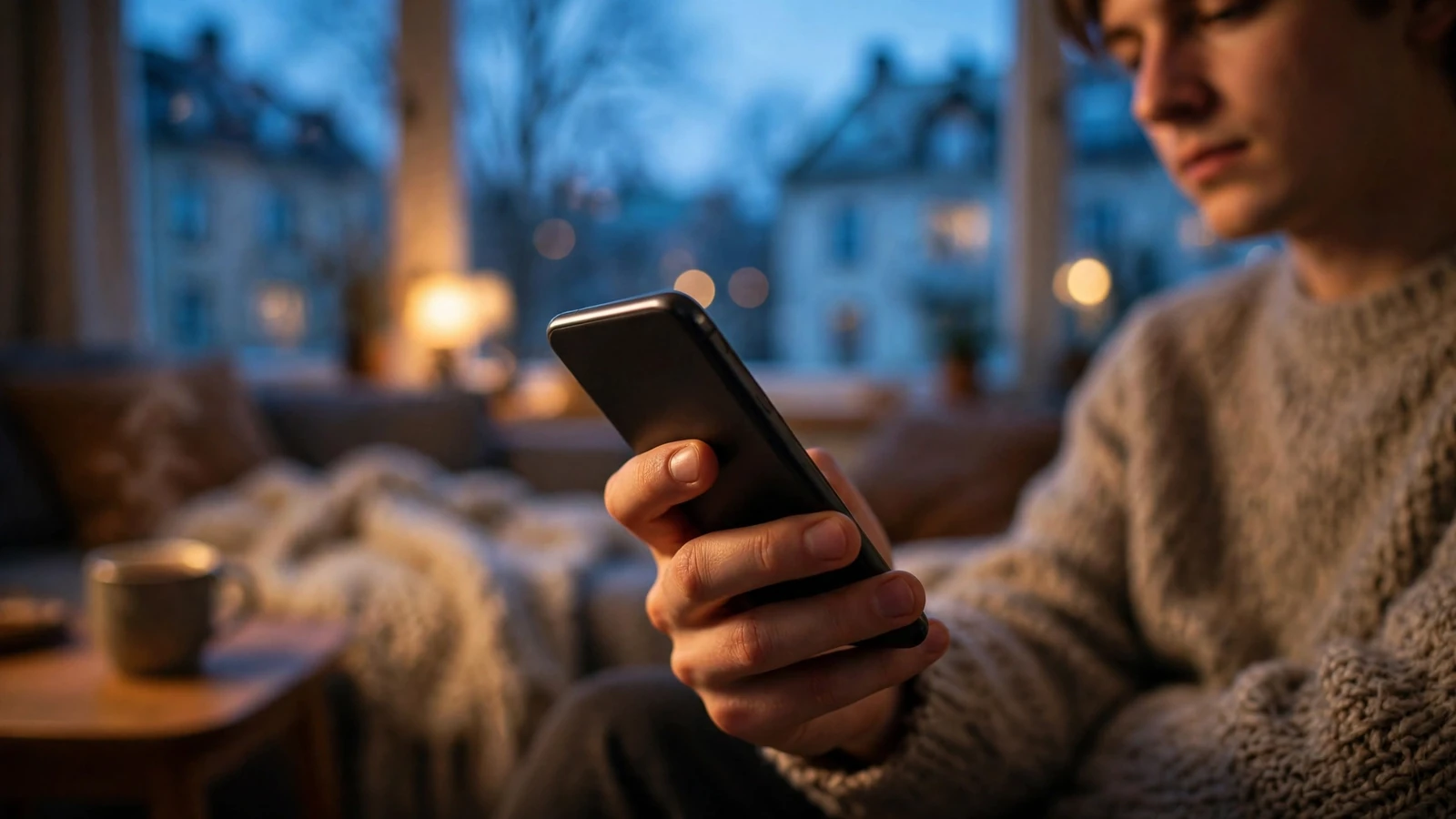 Mann som holder mobiltelefonen hjemme i koselig stue