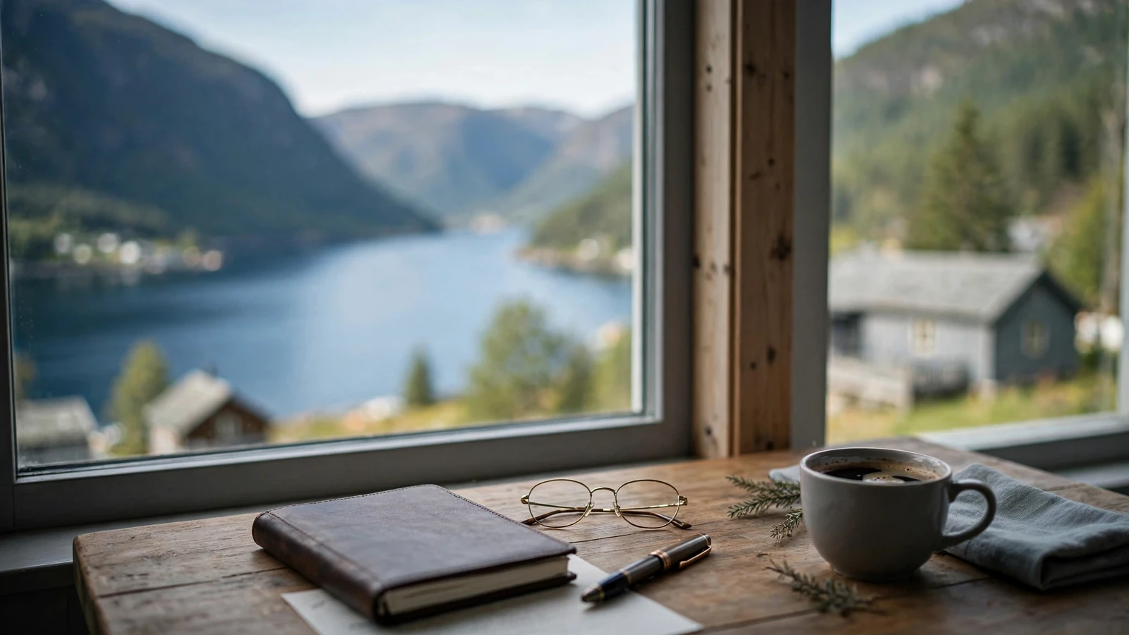 Skrivebord med notatbok, briller og kaffekopp ved vindu med fjordutsikt